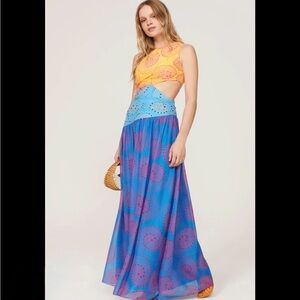 STAUD Ashlyn blue & yellow one shoulder dress